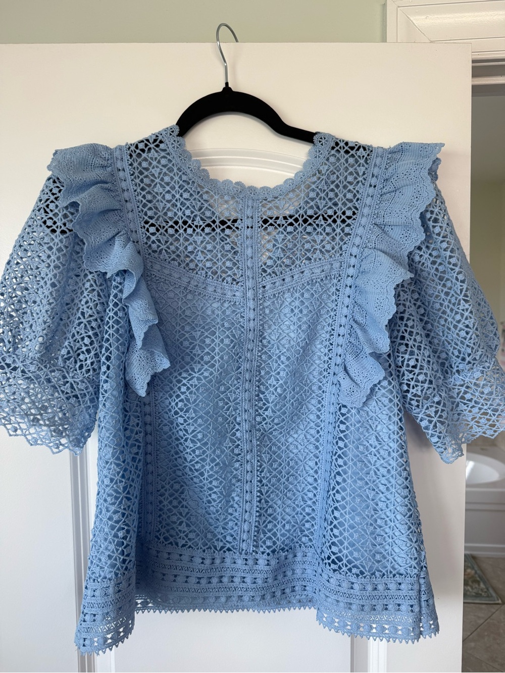 Ultra Pink Powder Blue Lace Ruffle Sleeve Blouse